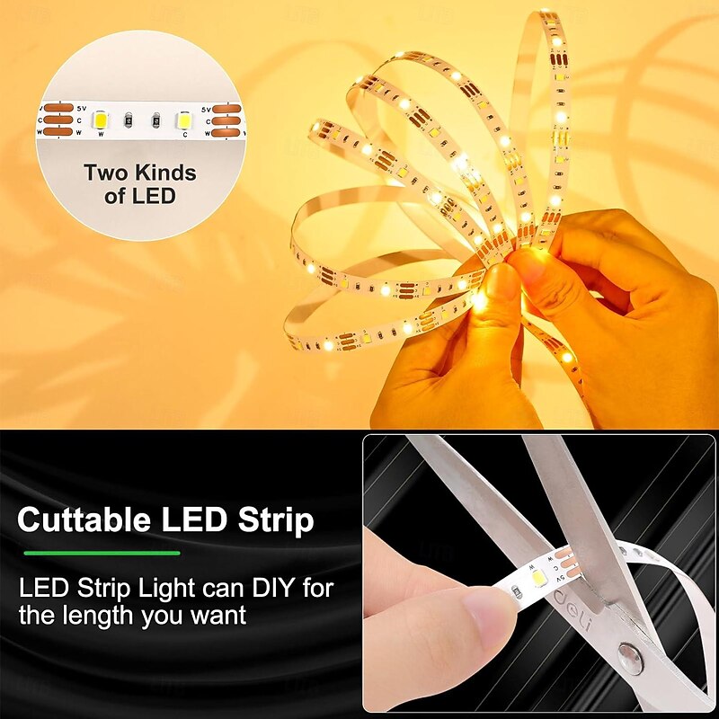 USB LED Strip Light 3 Colors for TV 1-5M USB 5V Flexible Light Strip with Self-adhesive Dimmable Dual Color LED light Strip 2800K-6500K Warm White to Daylight Suitable for Stairs Wardrobes Kitchens Mirrors2