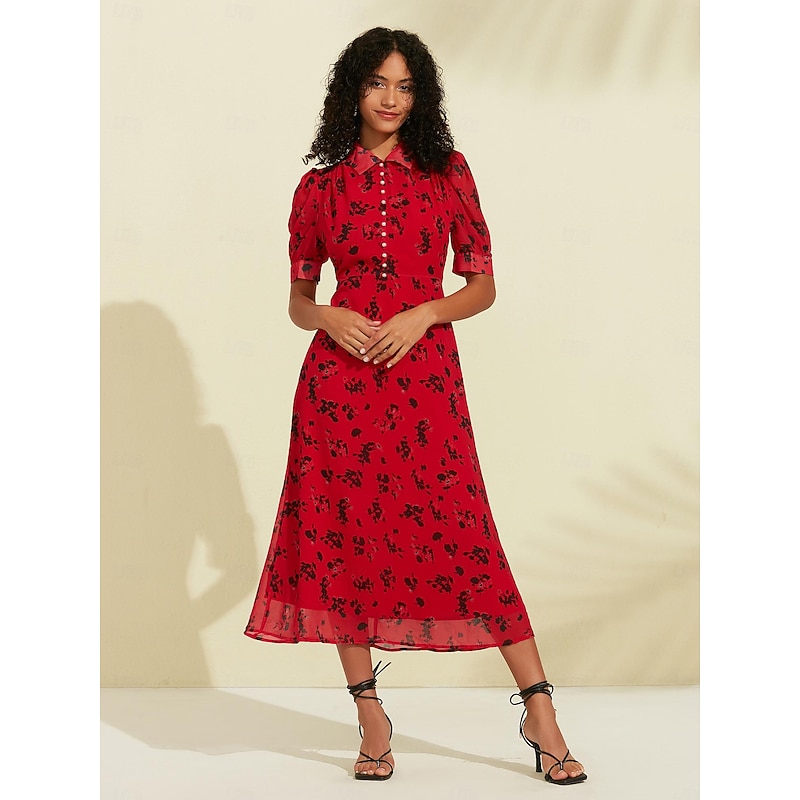 Chiffon Floral Print Puff Sleeve Midi Dress4