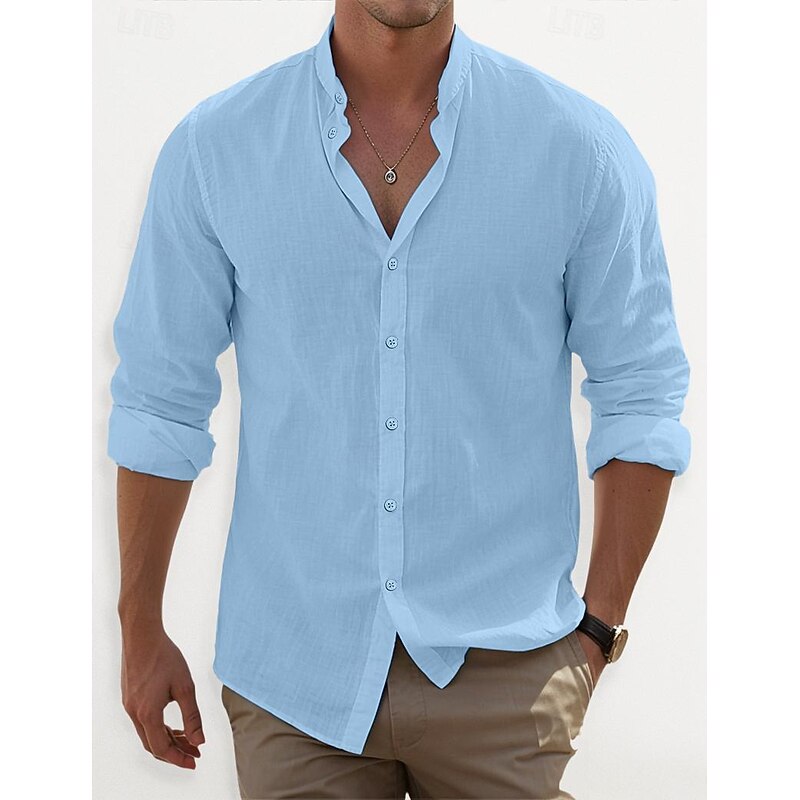 Men's Shirt Band Collar Shirt Summer Shirt Beach Wear Button Up Shirt Plain Casual Daily Black White Pink Blue Long Sleeve Band Collar Spring & Summer Clothing Apparel4