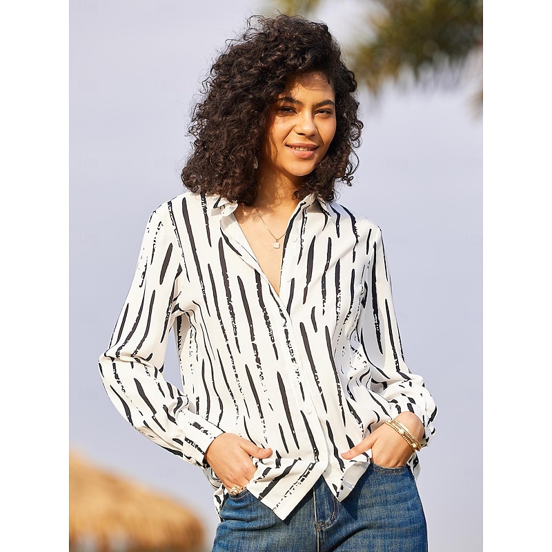 Women's Shirt Long Sleeve Button Down Blouse Basic Striped Buttons Print Regular Tops Shirt Collar Casual Black White Spring Fall2