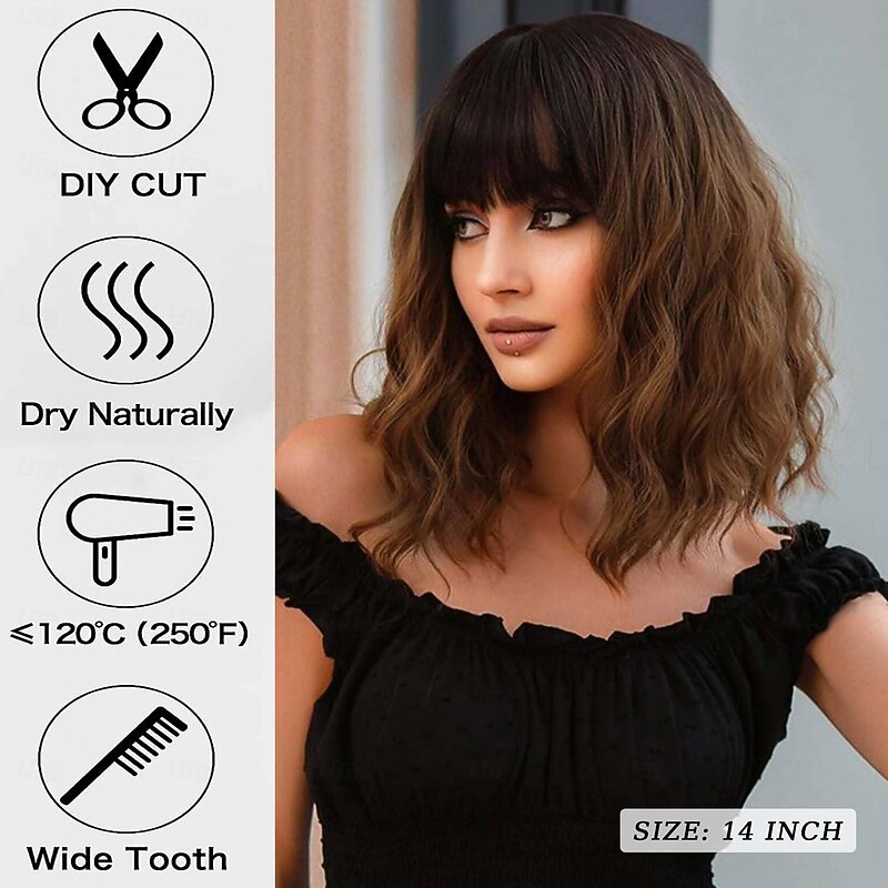 Wig with Bangs Soft Short Bob Wigs for Women Synthetic Shoulder Length Women's Wavy Wigs for Halloween Costumes Cosplay Daily4