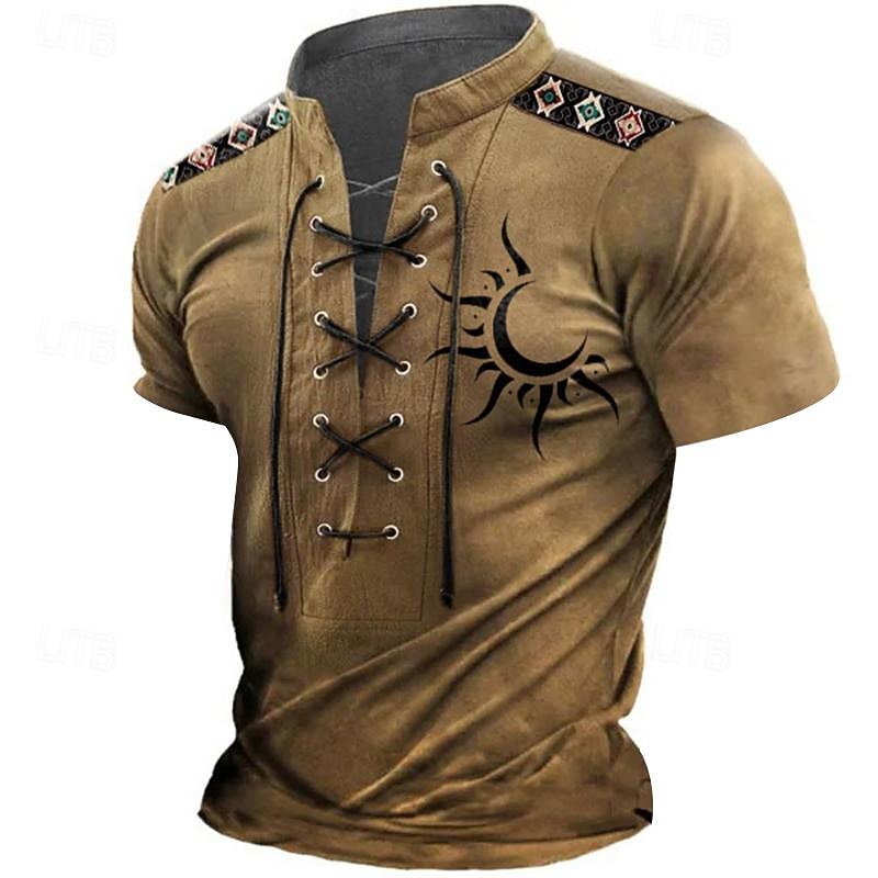 Sun Men's Ethnic Style 3D Print Henley Shirt T shirt Tee Casual Daily T shirt Black Blue Green Short Sleeve Lace Up Neck Henley Shirt Spring & Summer Clothing Apparel S M L XL XXL 3XL