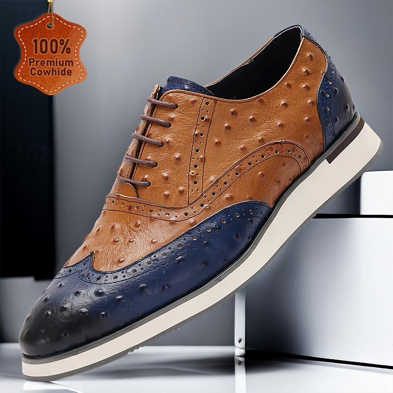 Men's Dress Sneakers Leather Italian Full-Grain Cowhide Slip Resistant Lace-up Brown / Blue Color Block 2025 - $109.99