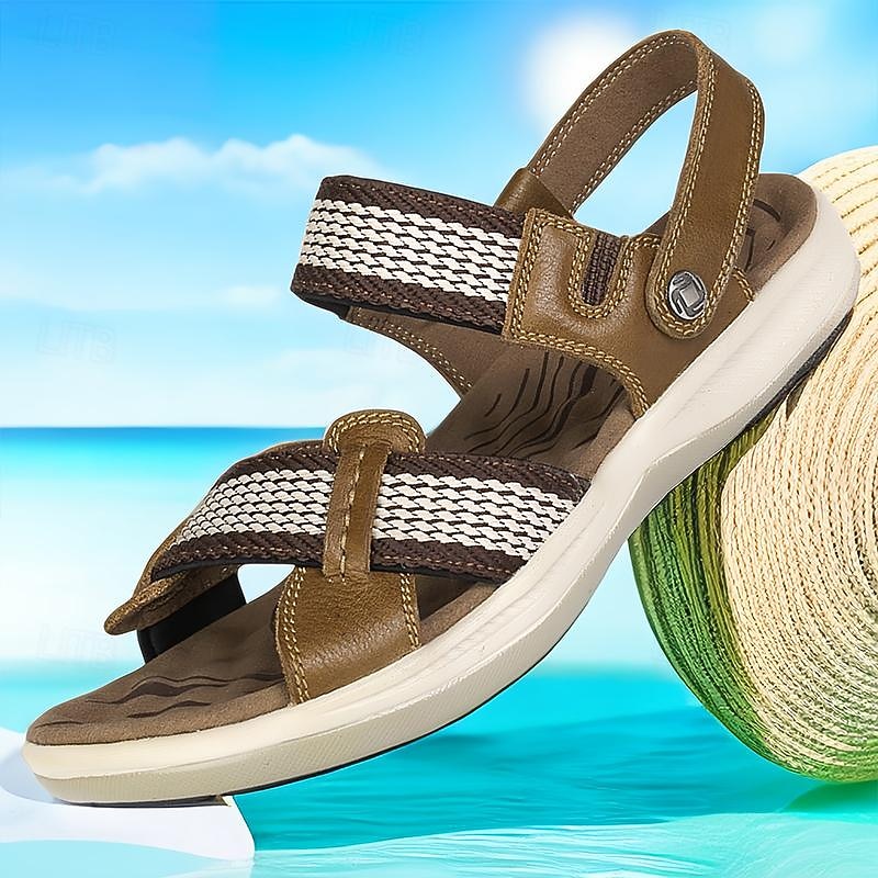 Men's Sandals Sporty Sandals Leather Italian Full-Grain Cowhide Breathable Comfortable Slip Resistant Loafer Buckle Black Brown Khaki