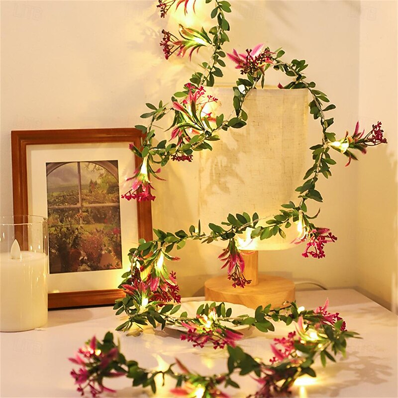 LED Flower Lights Green Ivy Leaves Fairy String Lights 2M 20LEDs Battery Operated Artificial Garland Plant Vine Fairy Light For Bedroom Wedding Party Holiday Patio3