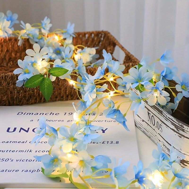 Elegant Wedding Party Reception Flower String Lights – Blue 6-Petal Floral Vine Battery Operated Fairy Lights for Bedroom Seasonal Home Decor4