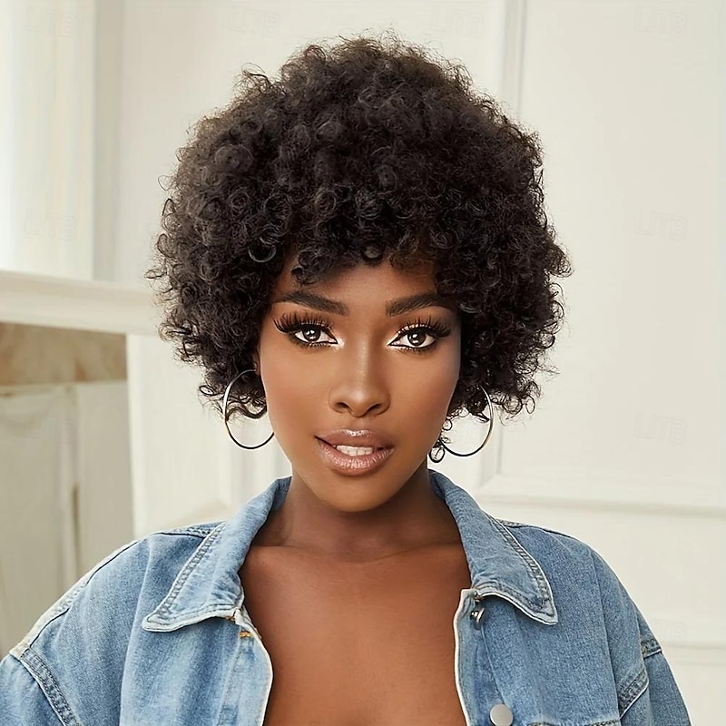 Short Curly Wigs for Black Women Human Hair Afro Kinky Curly Wig Brazilian Virgin Pixie Cut Wig Human Hair With Bangs 150% Density None Lace Front Bob Wigs4