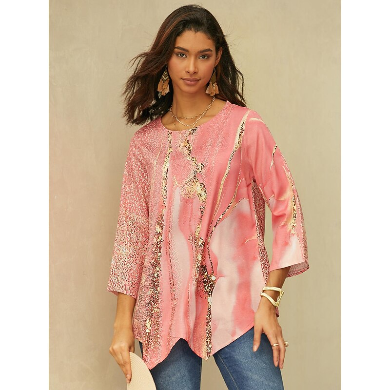 Women's Blouse Long Sleeve Asymmetrical Hem Chiffon Daily Basic Neon & Bright Abstract Print Long Tops Round Neck Casual Light Green Pink Blue Green Beige Fall & Winter4