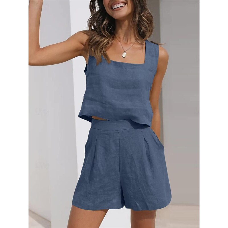 Women's Loungewear Sets Pure Color Fashion Basic Street Daily Cotton And Linen Breathable Square Neck Sleeveless Strap Top Shorts Pocket Summer Spring Black Pink2
