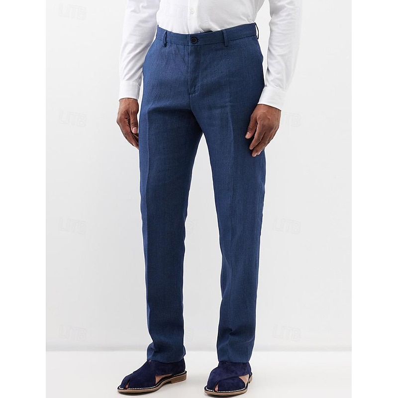Men's Linen Pants Trousers Summer Pants Beach Pants Straight Leg Plain Comfort Outdoor Casual Daily Streetwear Stylish White Navy Blue