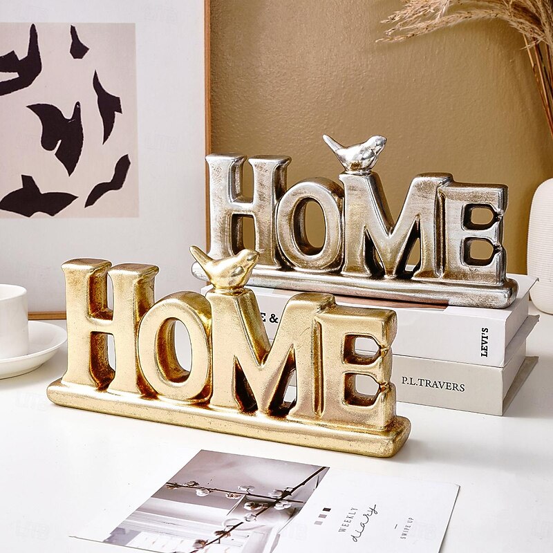 Vintage Gold & Silver Foil HOME Letter Decor – Antique Resin Tabletop Ornament with Gold and Silver Foil Finish, Elegant Home Decoration for Festive Celebrations, Holiday Events, and Interior Accents3