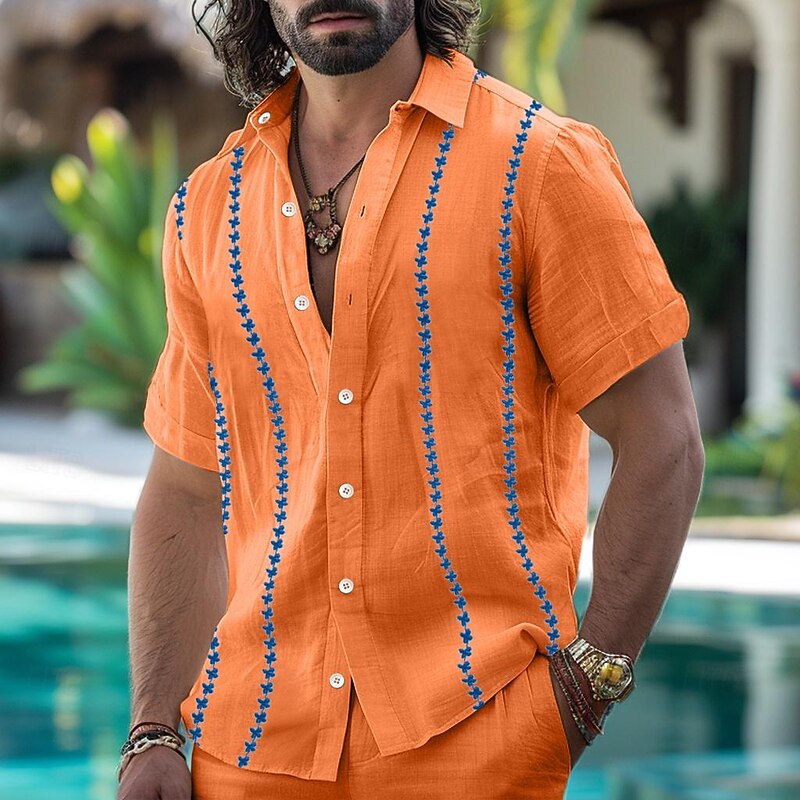 Men's Shirt Linen Shirt Guayabera Shirt Summer Shirt Beach Wear Button Up Shirt Plain Casual Daily Black White Orange Short Sleeve Collar Summer Spring Clothing Apparel4