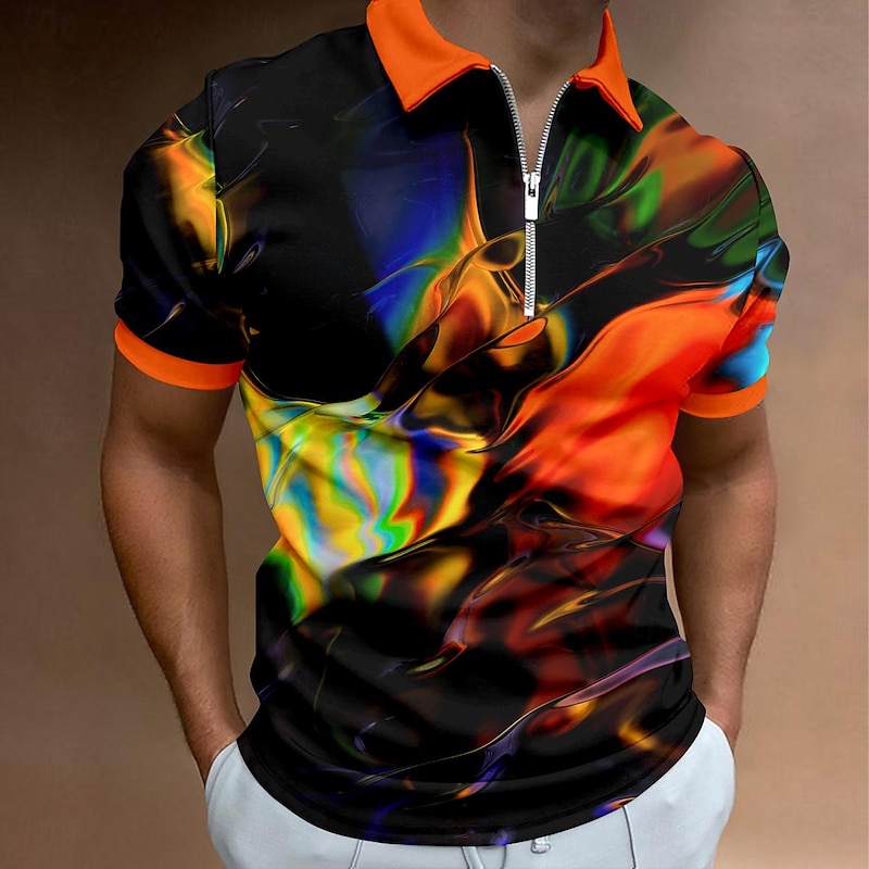 Men's Graphic Zip Polo Shirts Golf Shirt Short Sleeve Polo Shirts Collared Shirts Vacation Wear Rave Wear Party Outfits 3D Print Quarter Zip Polo Summer Spring Blue Orange