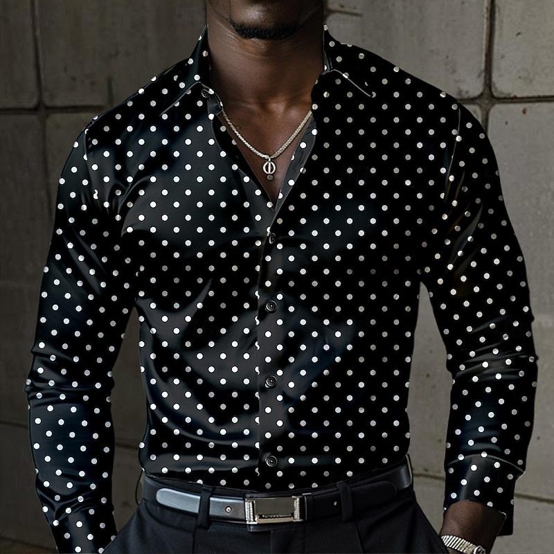 Men's Satin Shirt Dress Shirt Button Up Shirt Polka Dot Vacation Daily Black Blue Long Sleeve Turndown Summer Spring Clothing Apparel Buttons