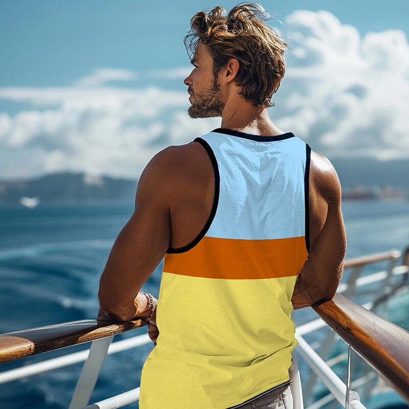 Men's Color Block Coconut Palm Tank Top Vest Top Undershirt Sleeveless T shirt 3D Print Crew Neck Shirt Fashion Outdoor Casual Street Casual Daily Light Blue Pink Spring & Summer Clothing Apparel S M2