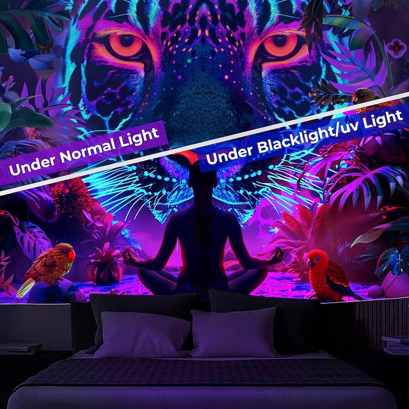 Blacklight Tapestry UV Reactive Glow in the Dark Glow Party Neon Mandala Leopard Meditation Psychedelic Trippy Misty Hanging Tapestry Wall Art Mural for Living Room Bedroom3