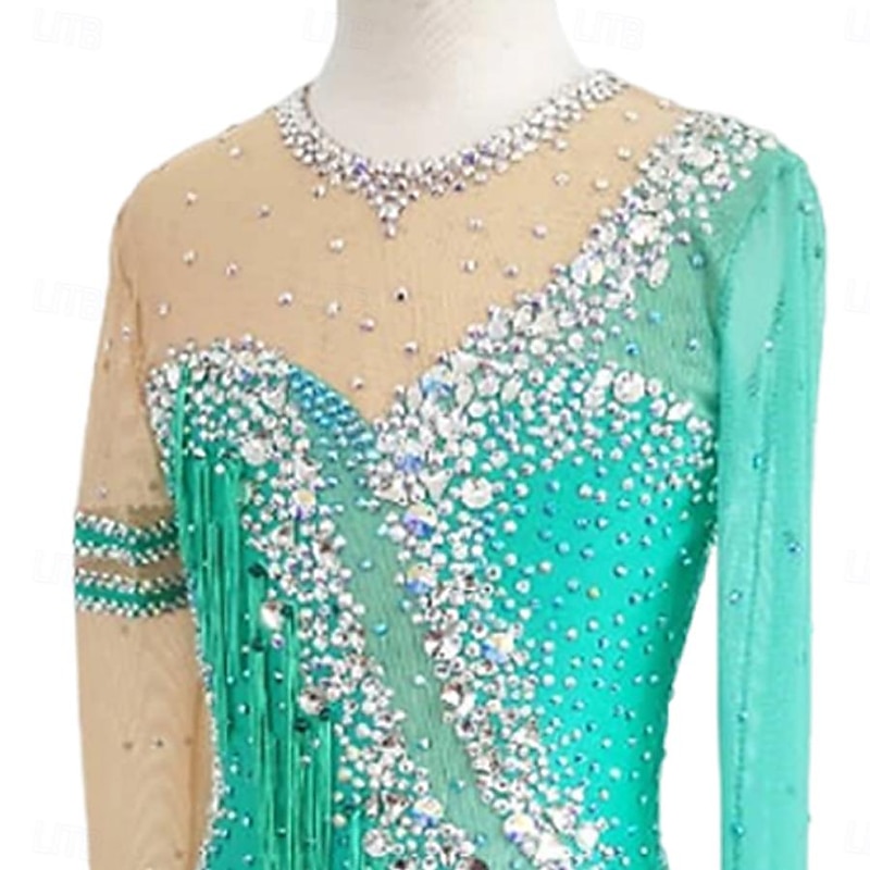 Latin Dance Dress Tassel Crystals / Rhinestones Women's Girls' Performance Training Long Sleeve Stretch Yarn Lycra3