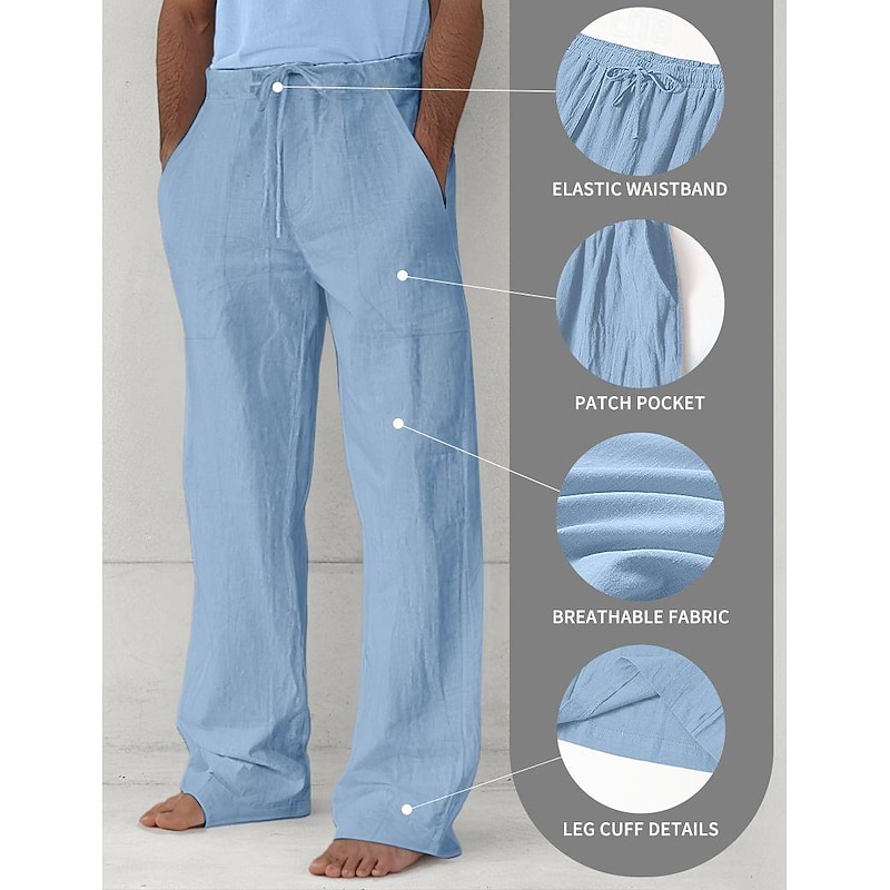 Men's Trousers Summer Pants Baggy Pants Beach Pants Casual Pants Drawstring Front Pocket Straight Leg Plain Comfort Soft Full Length Yoga Holiday Beach Fashion Hawaiian Black White2