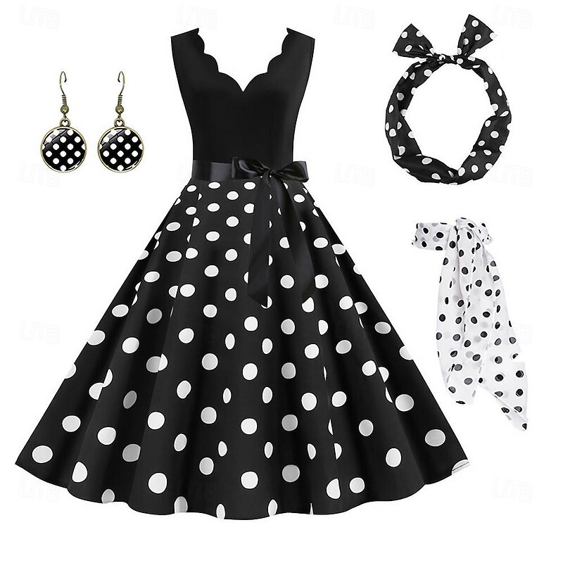 Polka Dots Retro Vintage 1950s Grease Outfits A-Line Dress Swing Dress Flare Dress Polka Dot Fancy Dress Women's Party / Evening Adults' Dress Earrings Headband