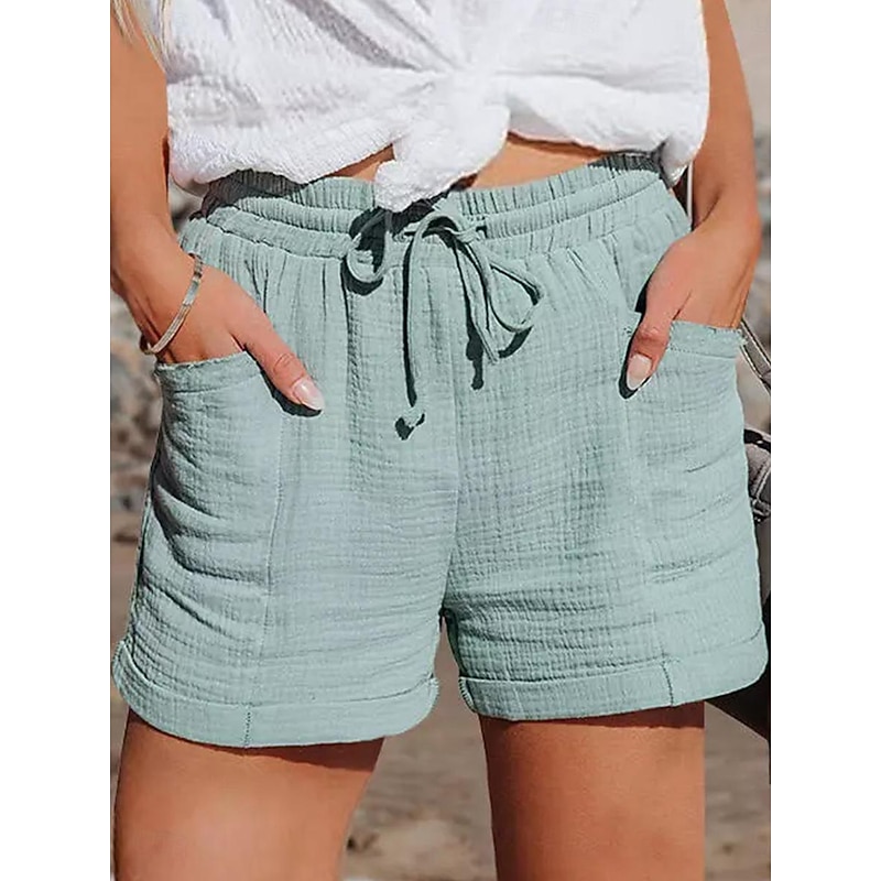 Women's Linen-Inspired Shorts Chinos Shorts Basic Casual Short High Waist Plain Pocket Elastic Drawstring Design High Cut Breathability Soft Micro-elastic Casual Daily Weekend Black Pink Light Green