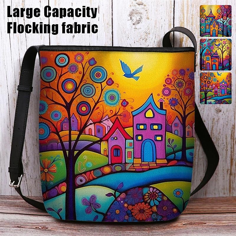 Women's Crossbody Bag Shoulder Bag Bucket Bag Oxford Cloth Nylon Shopping Daily Holiday Print Large Capacity Waterproof Lightweight Flower Outdoor Scene Yellow Blue Purple