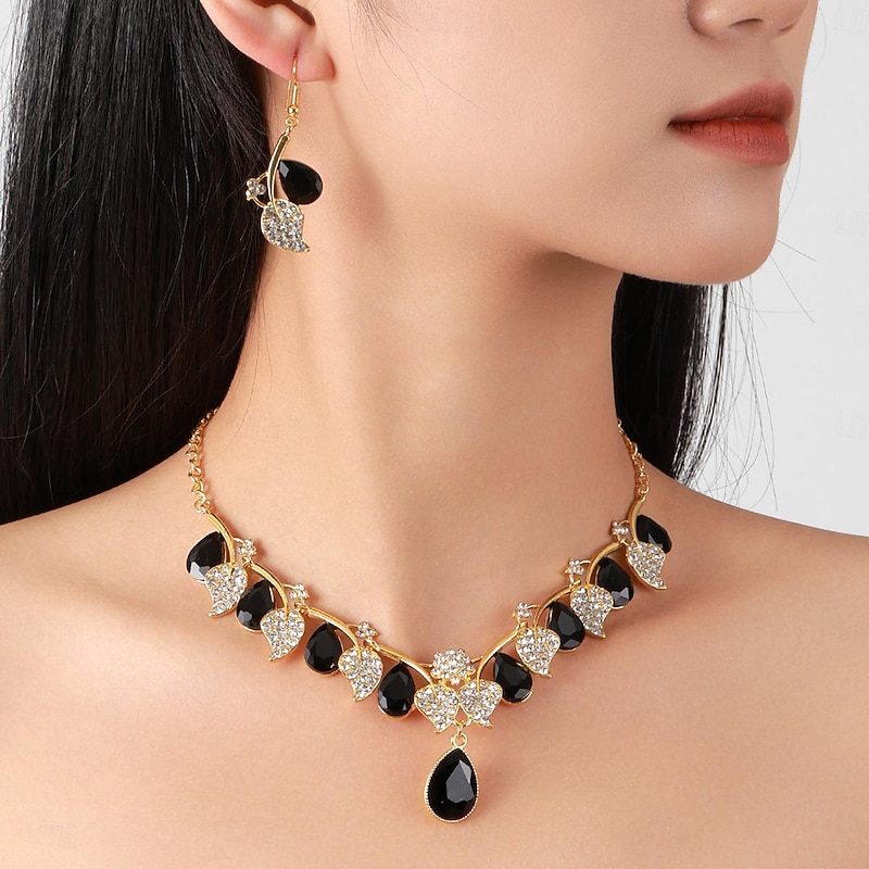 Elegant Women's Blue Crystal Drop Necklace and Earring Set - Rhinestone-Embellished Floral Design, Perfect for Weddings, Formal Events, and Special Occasions4