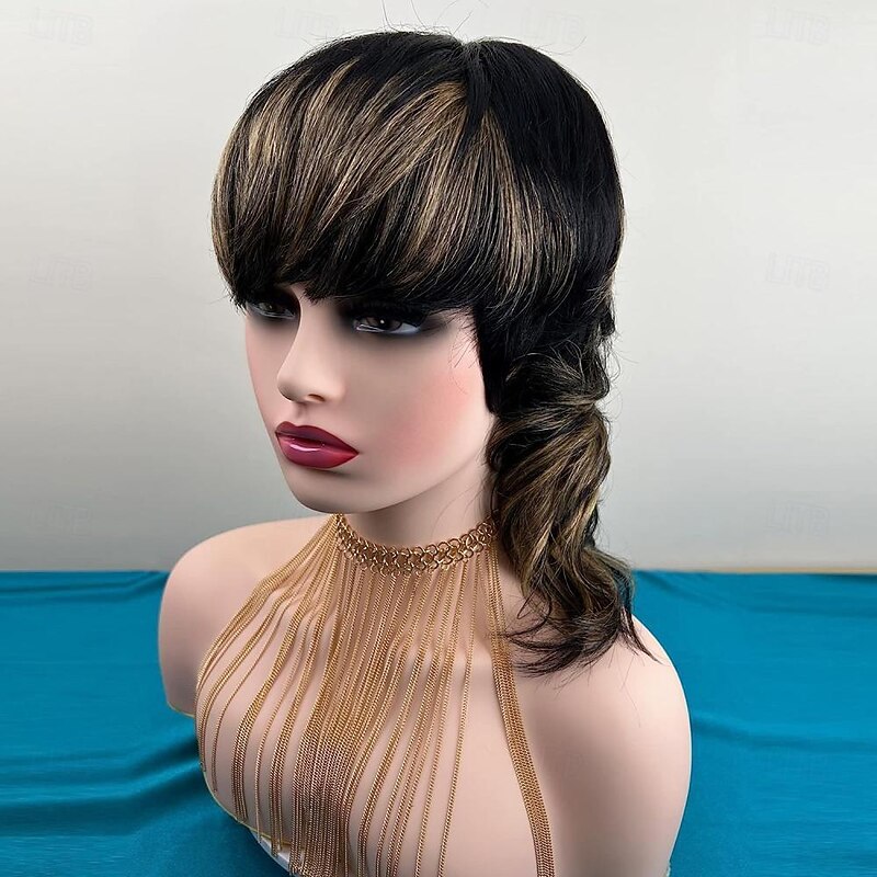 Highlight Full Machine Made Wig With Bangs Glueless Brazilian Human Hair Wigs For Women Short Pixie Cut Wigs