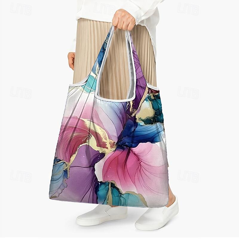 Women's Large Abstract Floral Print Tote Bag – Reusable Foldable Shopping Bag with Artistic Design for Everyday Use2