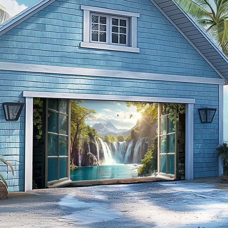 Forest Waterfall Outdoor Garage Door Cover Banner Beautiful Large Backdrop Decoration for Outdoor Garage Door Home Wall Decorations Event Party Parade