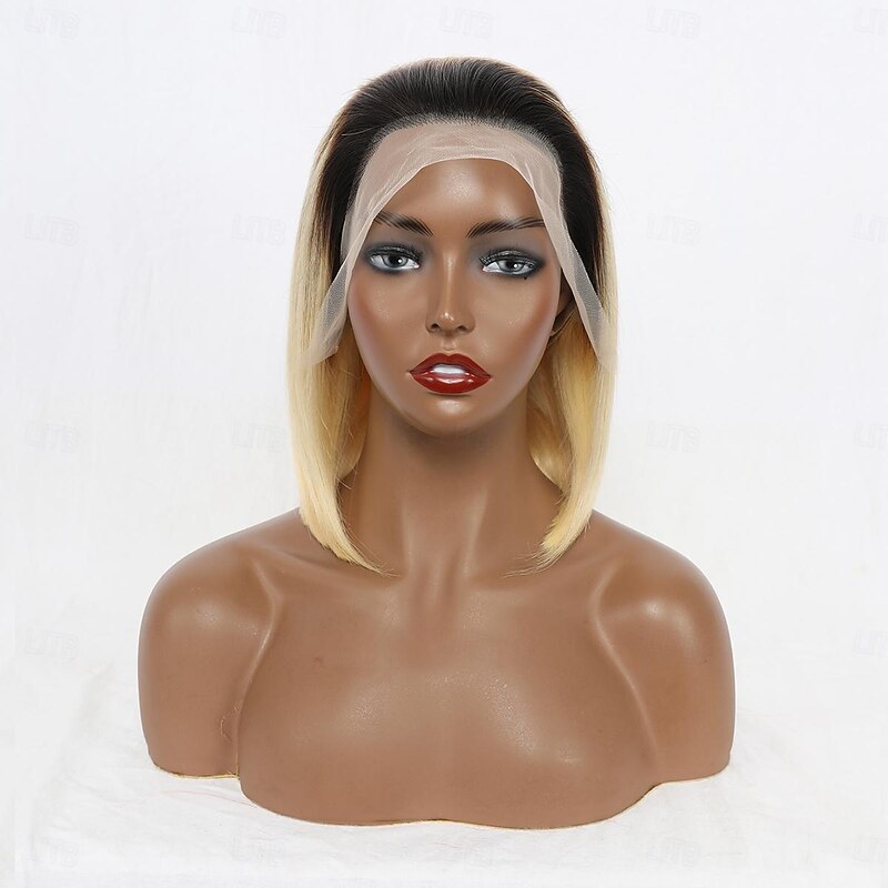 Ombre Blonde HD Lace Wigs Brazilian Virgin Human Hair #1B/613 Dark Roots Bob Wig Straight 10-12Inch 180% Density Remy Hair Pre Plucked Bleached Knots 13x4 Transparent Frontal Bob Wigs for Women2