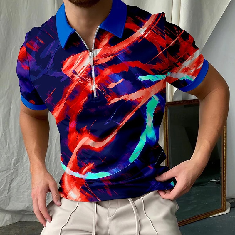 Men's Graphic Zip Polo Shirts Golf Shirt Short Sleeve Polo Shirts Collared Shirts Vacation Wear Rave Wear Party Outfits 3D Print Quarter Zip Polo Spring & Summer Red Purple4