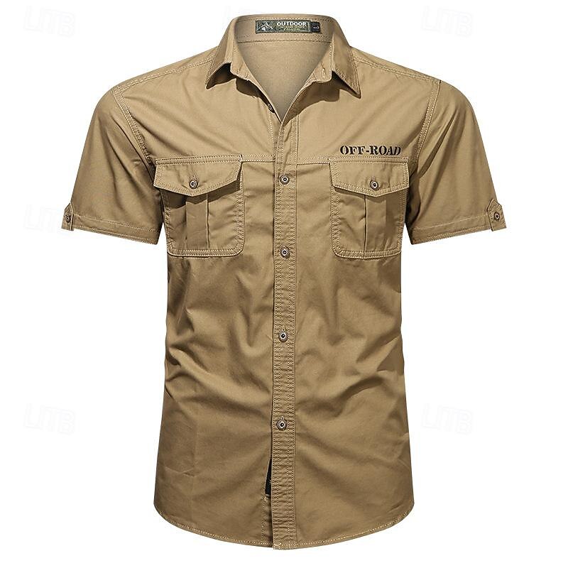 Men's Shirt Workwear Shirts Work Shirt Button Up Shirt Cargo Shirt Red khaki Army Green Dark Blue Beige Short Sleeve Plain Lapel Vacation Hawaiian Pocket Clothing Apparel Fashion Casual Comfortable2