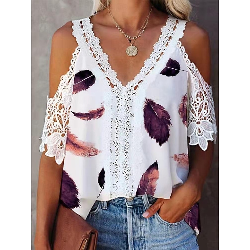 Women's Shirt Lace Shirt Blouse White Lace Shirt Casual Floral Lace Cut Out Print Short Sleeve Regular Tops V Neck Vacation Daily White Yellow Red Summer3