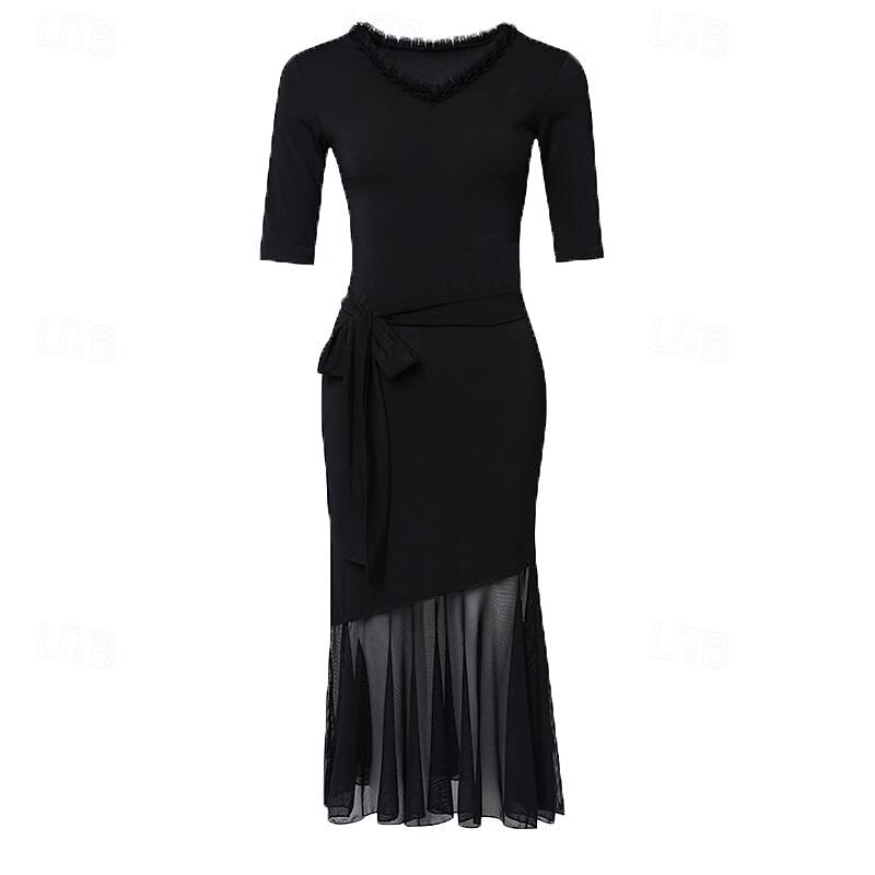 Latin Dance Ballroom Dance Dress Pure Color Splicing Tulle Women's Performance Training Half Sleeve High Cotton Blend4