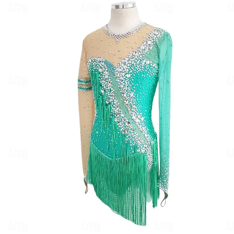 Latin Dance Dress Tassel Crystals / Rhinestones Women's Girls' Performance Training Long Sleeve Stretch Yarn Lycra