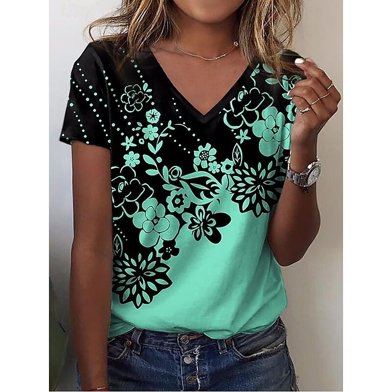 Women's T Shirt Floral Fashion Short Sleeve V Neck Regular Tops Vacation Weekend Print White Pink Blue Purple Green Summer2