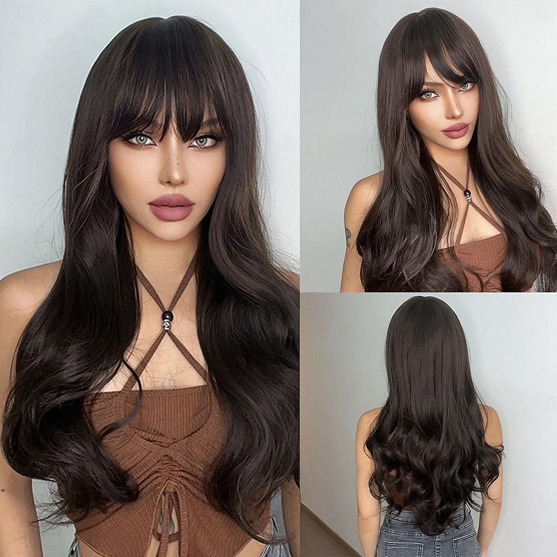 Synthetic Wig Uniforms Career Costumes Princess Wavy Bouncy Curl Middle Part Layered Haircut With Bangs Machine Made Wig 26 inch Dark Brown Synthetic Hair Women's Cosplay Party Fashion Natural Black