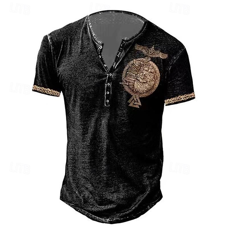 Men's T shirt Tee Henley Shirt Graphic Skull Eagle Henley Black-White Black / Gray Black Blue Brown Street Casual Short Sleeve Button-Down Print Clothing Apparel Stylish Vintage Basic Classic4