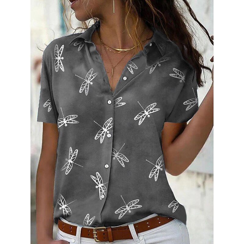 Women's Casual Shirt Short Sleeve Dragonfly Print Lapel Collar Button-Up Dusty Pink Relaxed Fit Spring Summer Fashion Top Everyday Wear Sizes S-XL3