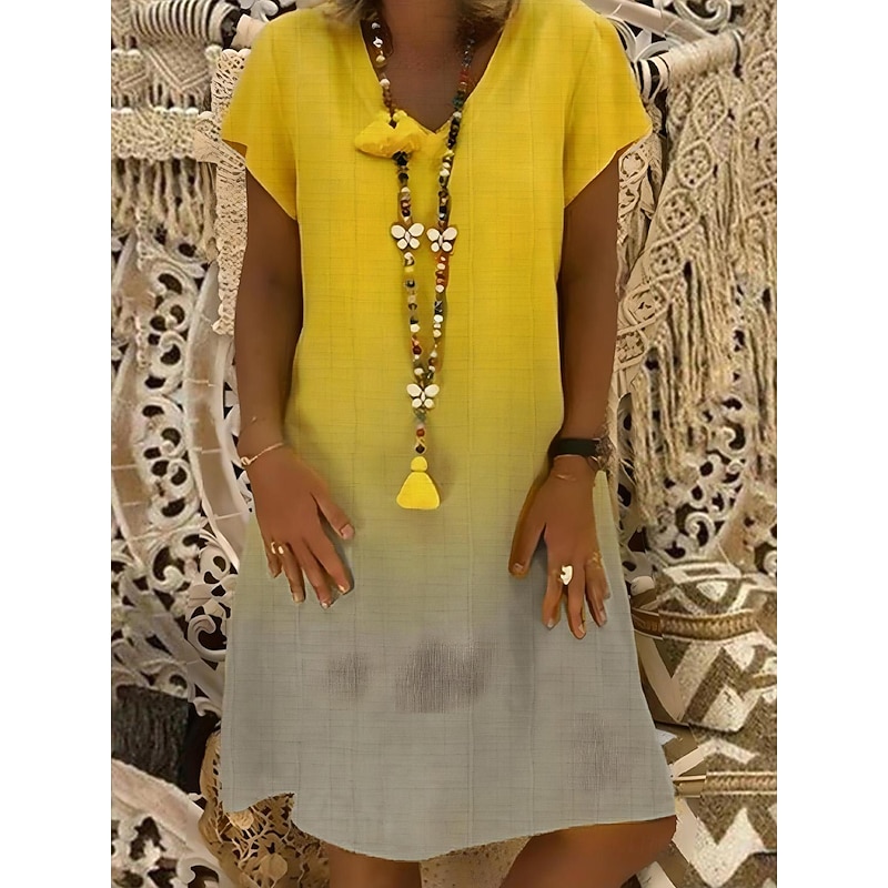 Women's Midi Dress Cotton Linen Dresses Casual Dress T Shirt Dress Tee Dress Cotton Summer Dress Casual Vacation Daily Regular Fit Ombre Short Sleeve V Neck Black Yellow Red Navy Blue Summer4