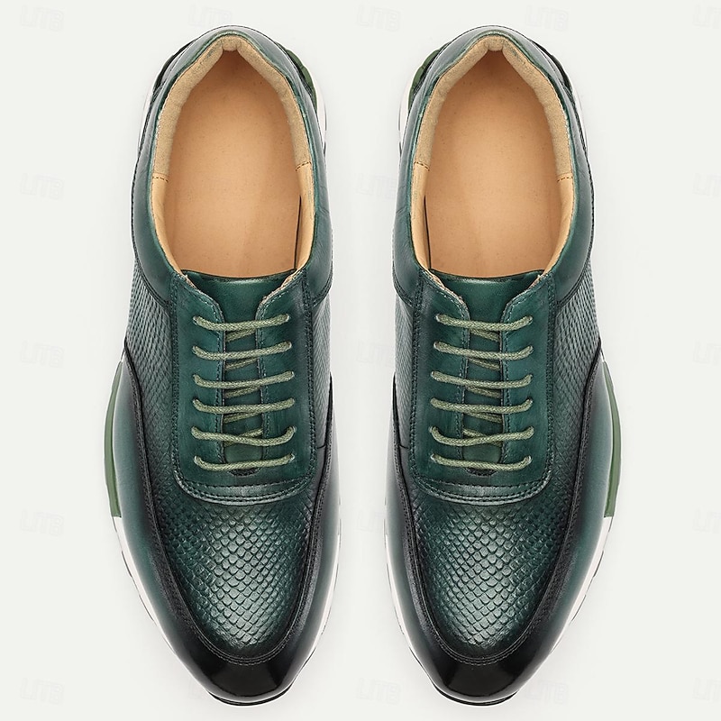 Men's Dress Sneakers Leather Italian Full-Grain Cowhide Slip Resistant Lace-up Dark Green4