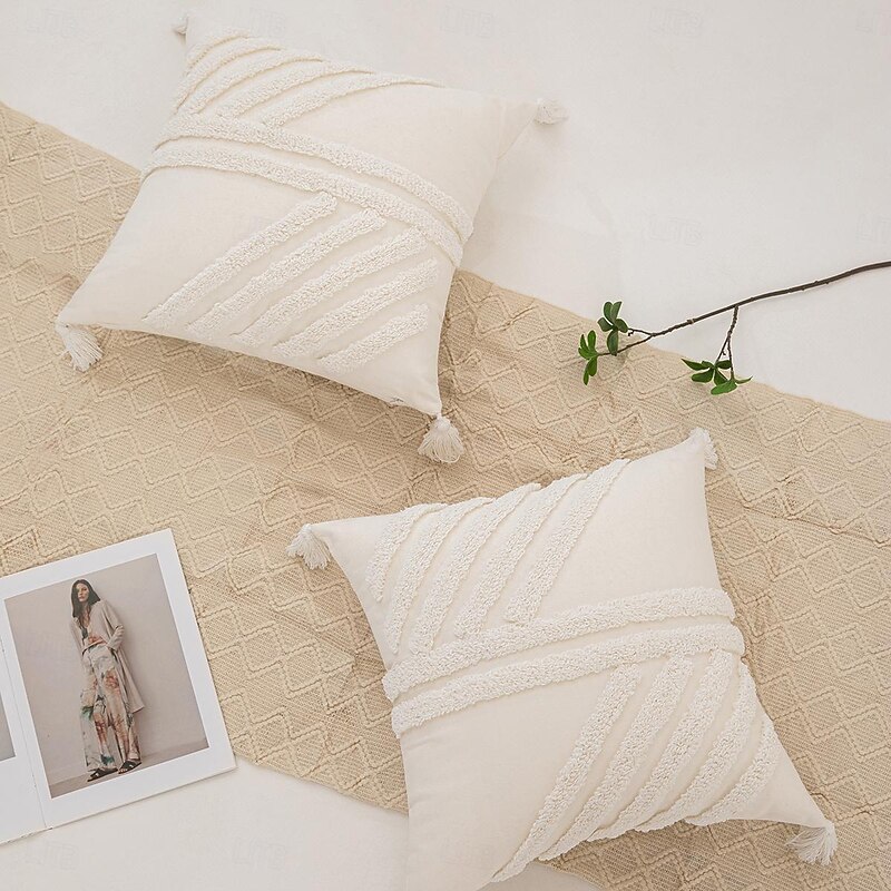 Boho Tufted Decorative Toss Pillow Cover White Stripe Cotton Beige Tassel for Home Bedroom Livingroom3
