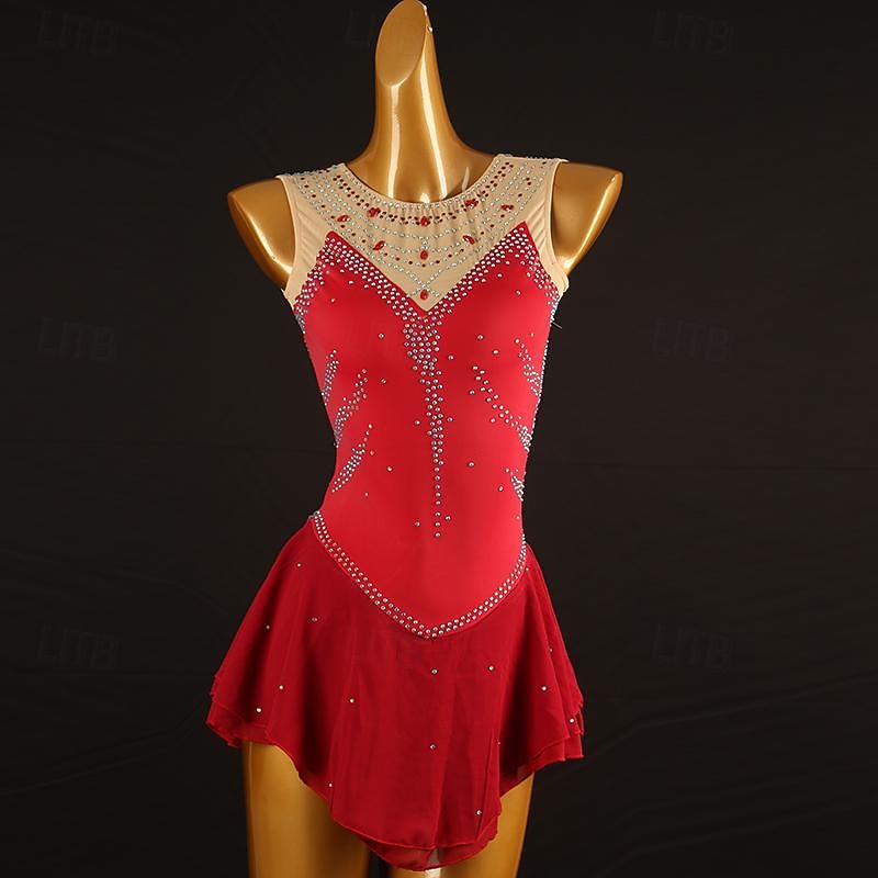 Figure Skating Dress Women's Girls' Ice Skating Dress Burgundy Patchwork Mesh Spandex High Elasticity Training Practice Professional Skating Wear Classic Crystal / Rhinestone Sleeveless Ice Skating - Main Image