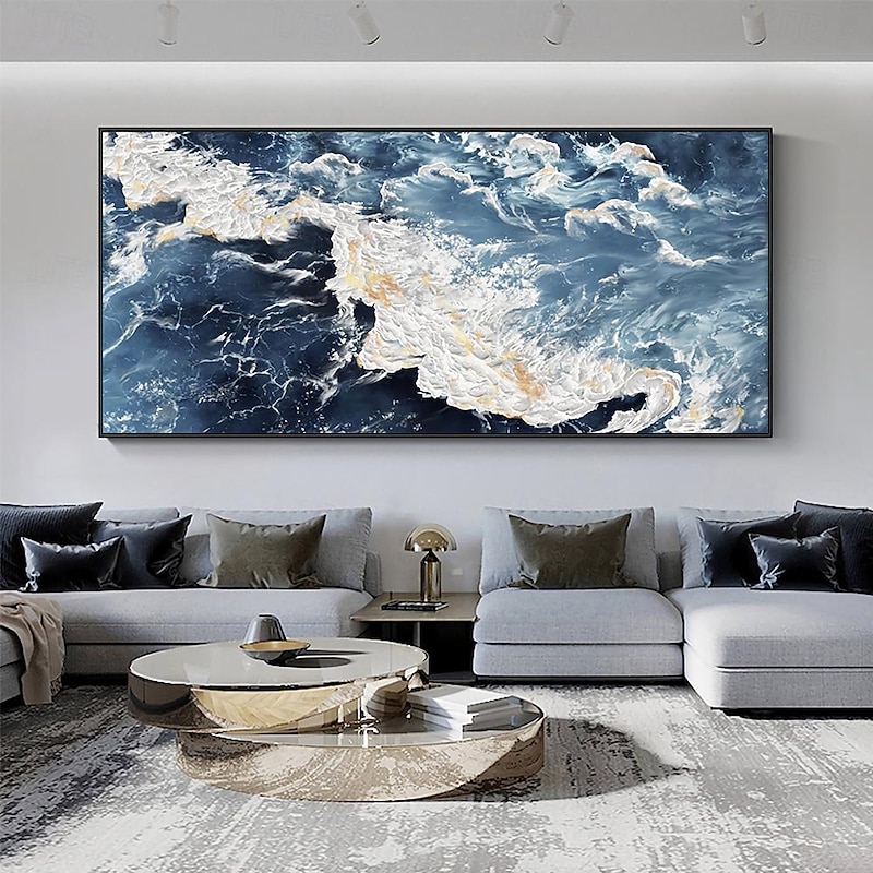 Large hand painted Sea Canvas Oil Painting Handmade Blue Sea Landscape Abstract painting hand painted White Wave Painting Textured Sea Painting Mother Gift for  Living Room Decor2