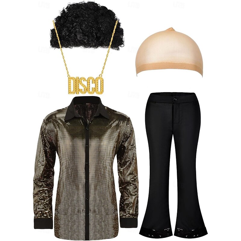 Retro Vintage 1970s Outfits Party Costume Normal Hippie Disco Holiday Christmas Fashion Fancy Dress Men's Halloween Carnival Masquerade Prom Club Pride Parade Adults' Shirt Pants Necklace All Seasons3