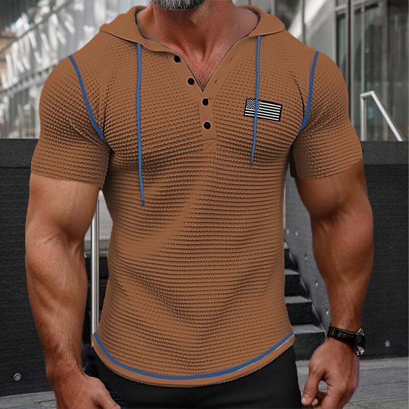 Men's Waffle Henley Shirt Henley Shirt Short Sleeve Shirt Tee Top Solid Color Hooded Outdoor Street Short Sleeve Button American flag Clothing Apparel Daily Hawaiian4