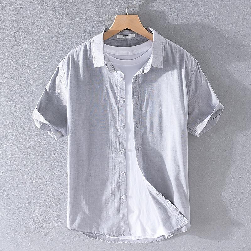 Men's Shirt Linen Shirt Casual Shirt Cotton Shirt Plain Vacation Street White Sky Blue Khaki Light Grey Short Sleeve Turndown Summer Clothing Apparel Button-Down