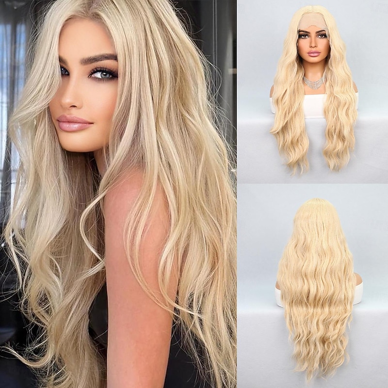 Synthetic Lace Wig Wavy Style 28 inch Blonde Middle Part T Part Wig Women Wig Creamy-white