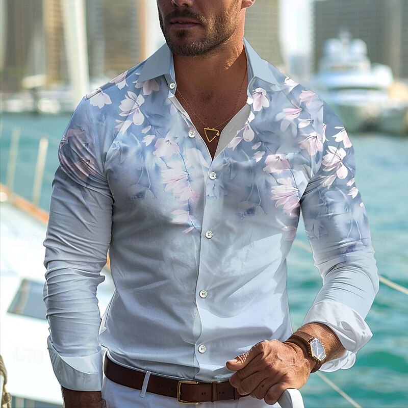Men's Button Up Shirt Printed Shirts Floral Casual Daily Blue Green Long Sleeve Turndown Fall Winter Clothing Apparel Button Up