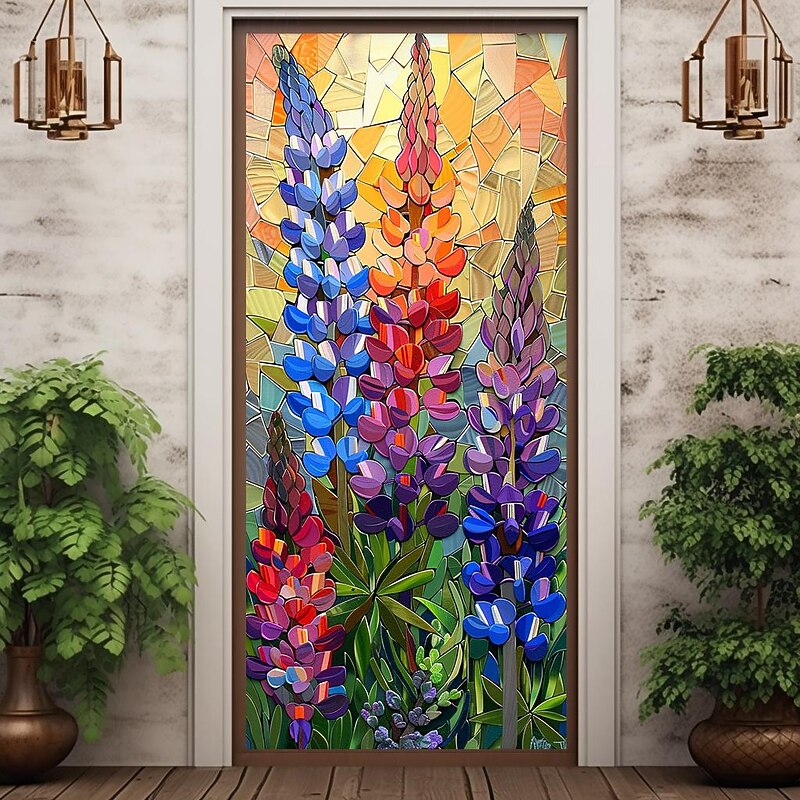 Thistle 3D Flowers Door Covers Mural Decor Door Tapestry Door Curtain Decoration Backdrop Door Banner Removable for Front Door Indoor Outdoor Home Room Decoration Farmhouse Decor Supplies